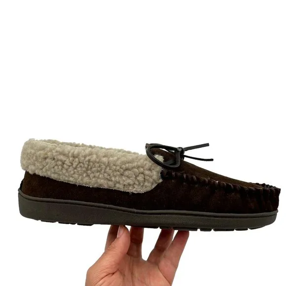 Minnetonka Mens Moccasin Slippers Size 10 Chocolate Suede Upper Faux Fur Lining - Picture 11 of 16